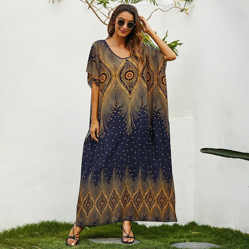 Middle East Abaya Dubai Muslim Robe Women O-Neck Bat Sleeve Elegant Holiday Loose Print Long Dress