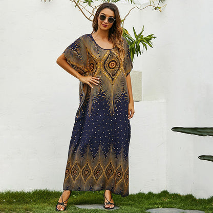 Middle East Abaya Dubai Muslim Robe Women O-Neck Bat Sleeve Elegant Holiday Loose Print Long Dress