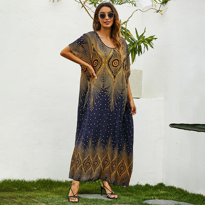 Middle East Abaya Dubai Muslim Robe Women O-Neck Bat Sleeve Elegant Holiday Loose Print Long Dress