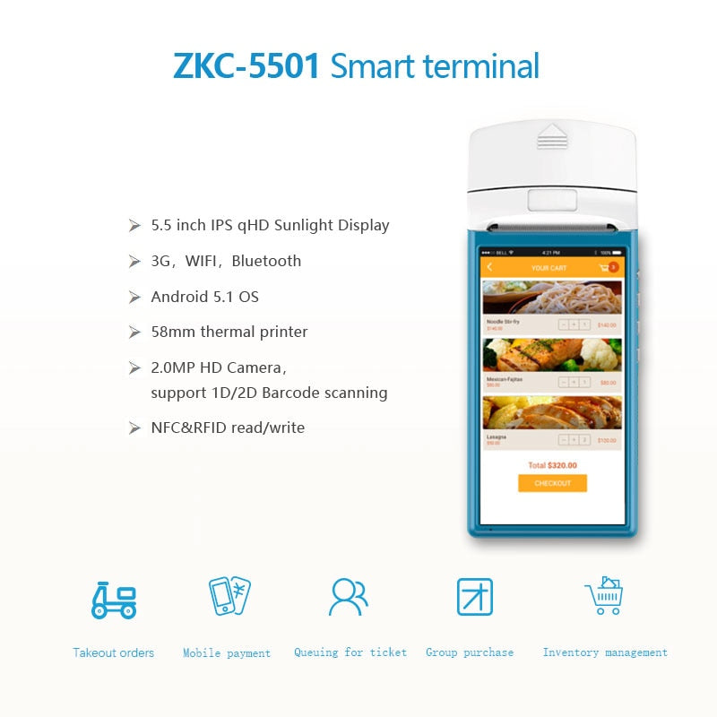 Mini Android Mobile POS terminal 58mm Thermal Printer NFC RFID Reader ZKC5501