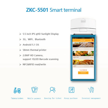 Mini Android Mobile POS terminal 58mm Thermal Printer NFC RFID Reader ZKC5501