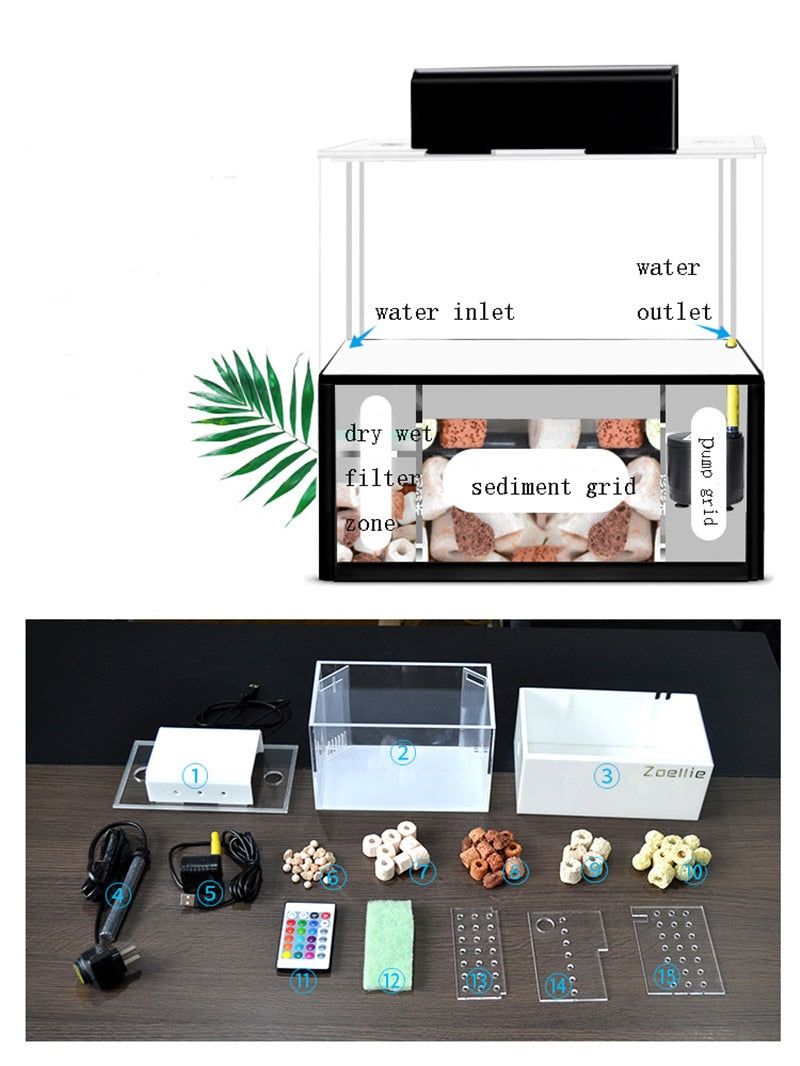 Mini aquarium fish tank dry wet separated bottom filter pump box tropical small fish tank with heating rod LED light