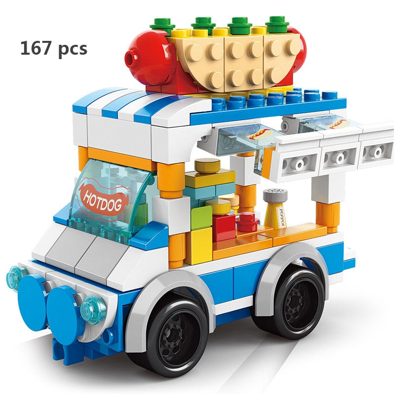 Miniature Fast Food Mini Street View Retail Store Set Model Building Blocks Bricks Kit Ice Cream Shops City Canteen Van Vehicle