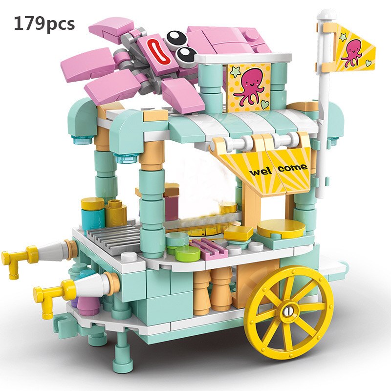 Miniature Fast Food Mini Street View Retail Store Set Model Building Blocks Bricks Kit Ice Cream Shops City Canteen Van Vehicle