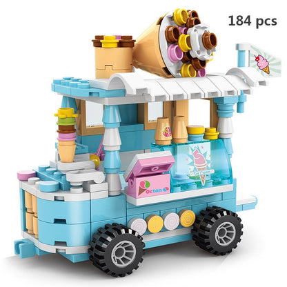 Miniature Fast Food Mini Street View Retail Store Set Model Building Blocks Bricks Kit Ice Cream Shops City Canteen Van Vehicle