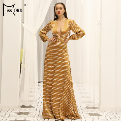 Missord 2020 Deep V Polka Dot Split Boho Beach Summer Dresses Elegant Designer Floor Length Dress Women Cloth FT18443