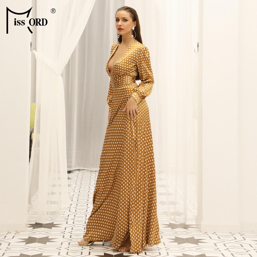 Missord 2020 Deep V Polka Dot Split Boho Beach Summer Dresses Elegant Designer Floor Length Dress Women Cloth FT18443