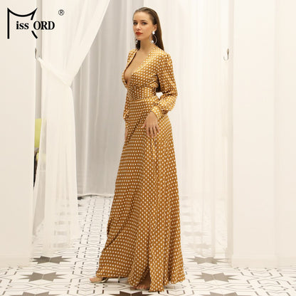 Missord 2020 Deep V Polka Dot Split Boho Beach Summer Dresses Elegant Designer Floor Length Dress Women Cloth FT18443