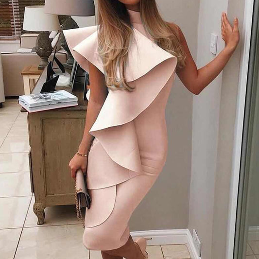 Missord 2020 Women Irregular Neck Off Shoulder Ruffles Knee length Solid Color  Backless Bodycon Dresses  FT19291