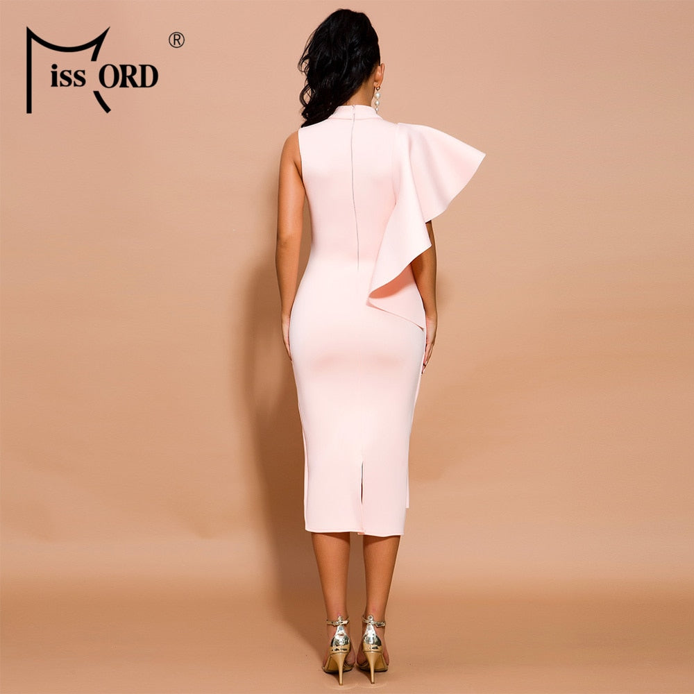 Missord 2020 Women Irregular Neck Off Shoulder Ruffles Knee length Solid Color  Backless Bodycon Dresses  FT19291