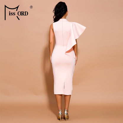 Missord 2020 Women Irregular Neck Off Shoulder Ruffles Knee length Solid Color  Backless Bodycon Dresses  FT19291