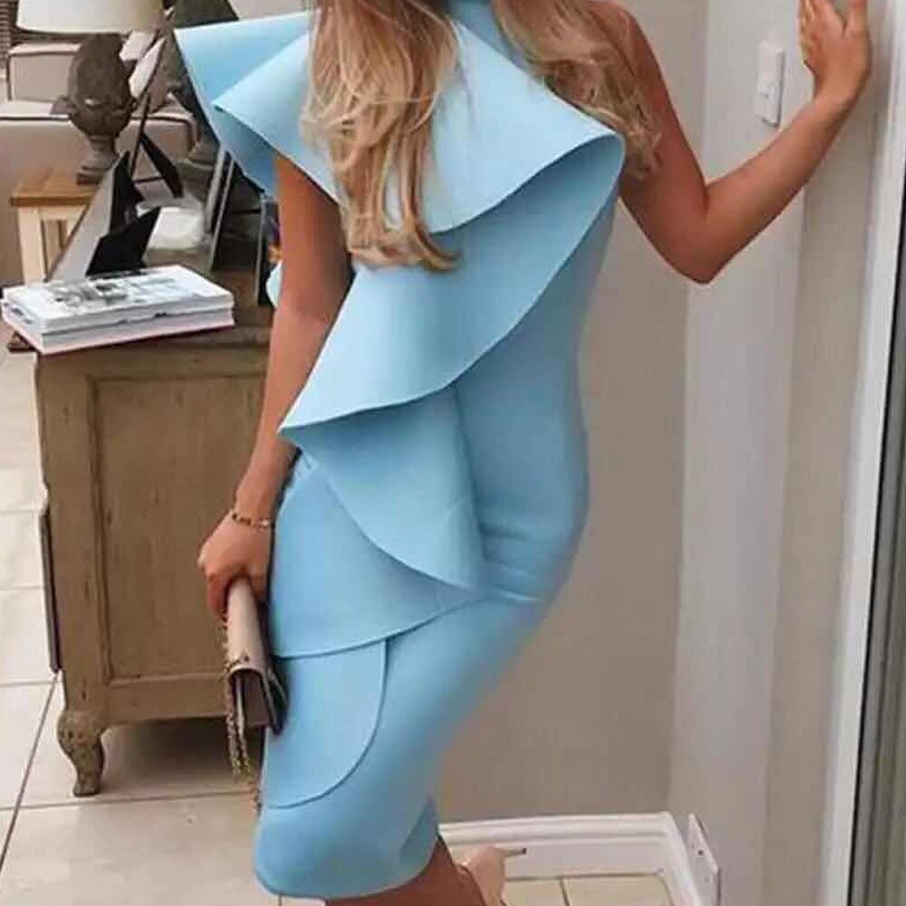 Missord 2020 Women Irregular Neck Off Shoulder Ruffles Knee length Solid Color  Backless Bodycon Dresses  FT19291