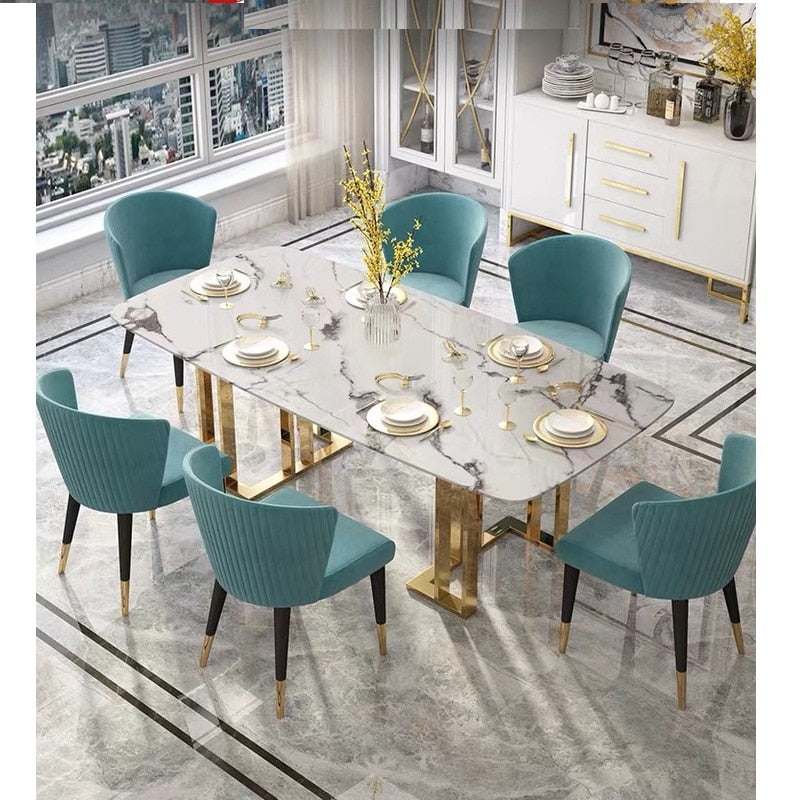 Italian Style Modern Luxury Marble Stone Top Stainless Steel Legs Dining Table Set Rectangular Italian Style Dining Table and Chairs