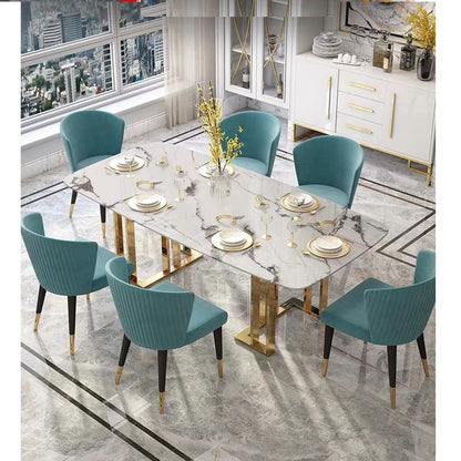 Italian Style Modern Luxury Marble Stone Top Stainless Steel Legs Dining Table Set Rectangular Italian Style Dining Table and Chairs