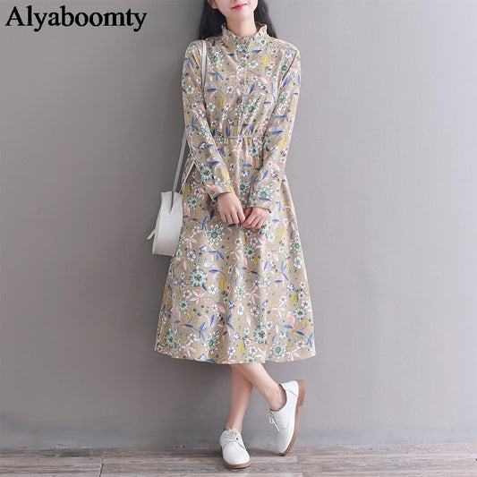 Mori Girl Autumn Spring Women Floral Dress Stand Collar Flower Print Casual Vestidos Mujer Vintage Elegant Corduroy Long Dress
