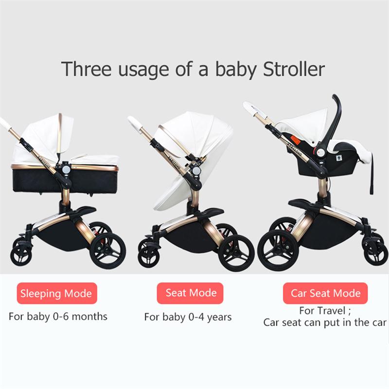 Multi-functional Luxury Baby Stroller 4 in 1 High Landscape Stroller Gold Frame PU Pram Two-way Car Seat Newborn Bassinet