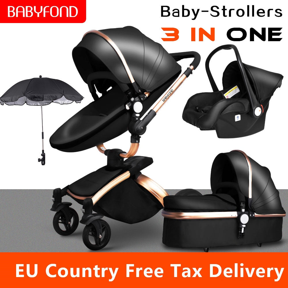 Multi-functional Luxury Baby Stroller 4 in 1 High Landscape Stroller Gold Frame PU Pram Two-way Car Seat Newborn Bassinet