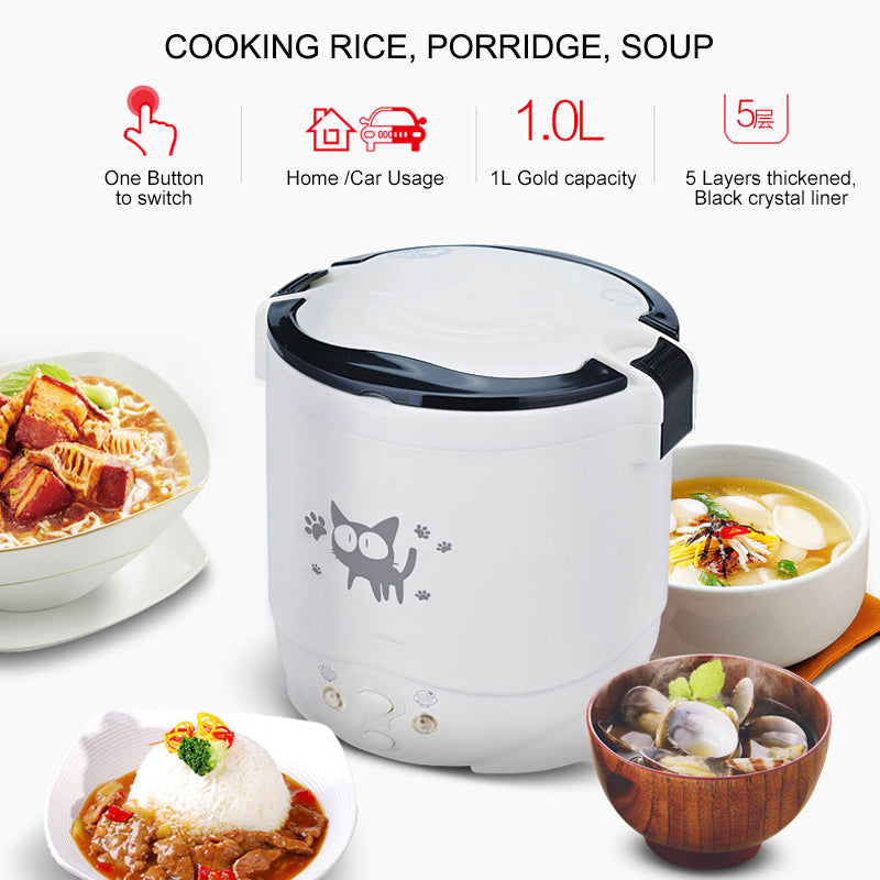 Multifunction Rice Cooker Portable 1L Water Food Heater Machine Lunch Box Warmer 2 Persons Cooking Machine for Home Car Truck