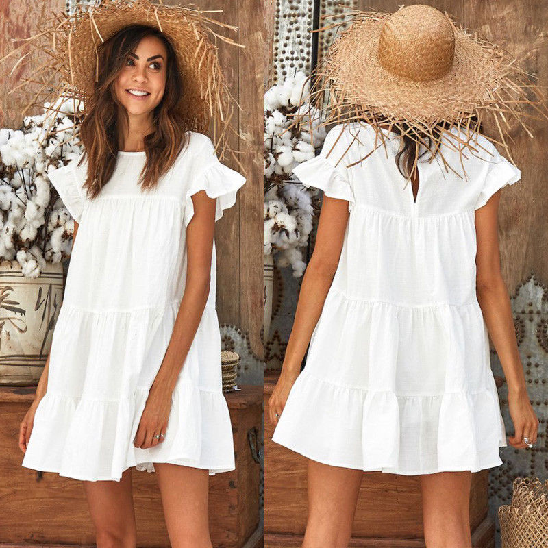 NEW Women Summer Holiday Ruffled Casual Sleeveless Loose Crew Neck Evening Party Beach Short Mini Dress Sundress Frilled Tops