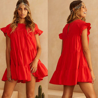 NEW Women Summer Holiday Ruffled Casual Sleeveless Loose Crew Neck Evening Party Beach Short Mini Dress Sundress Frilled Tops