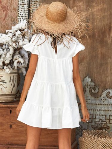 NEW Women Summer Holiday Ruffled Casual Sleeveless Loose Crew Neck Evening Party Beach Short Mini Dress Sundress Frilled Tops