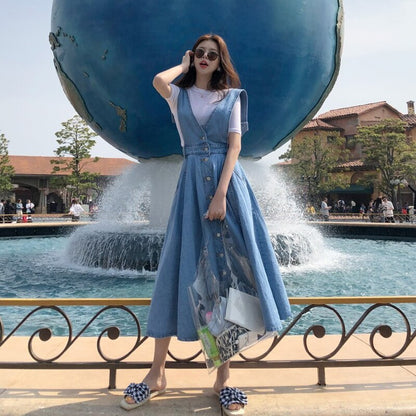 NORMOV Denim Dress Women Fashion Solid V-Neck Sleeveless Backless With Button Pocket Mid Calf Cotton Strap Dress Office Lady