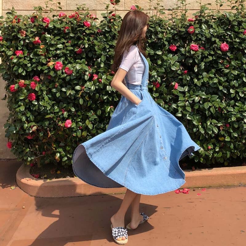 NORMOV Denim Dress Women Fashion Solid V-Neck Sleeveless Backless With Button Pocket Mid Calf Cotton Strap Dress Office Lady