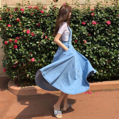NORMOV Denim Dress Women Fashion Solid V-Neck Sleeveless Backless With Button Pocket Mid Calf Cotton Strap Dress Office Lady