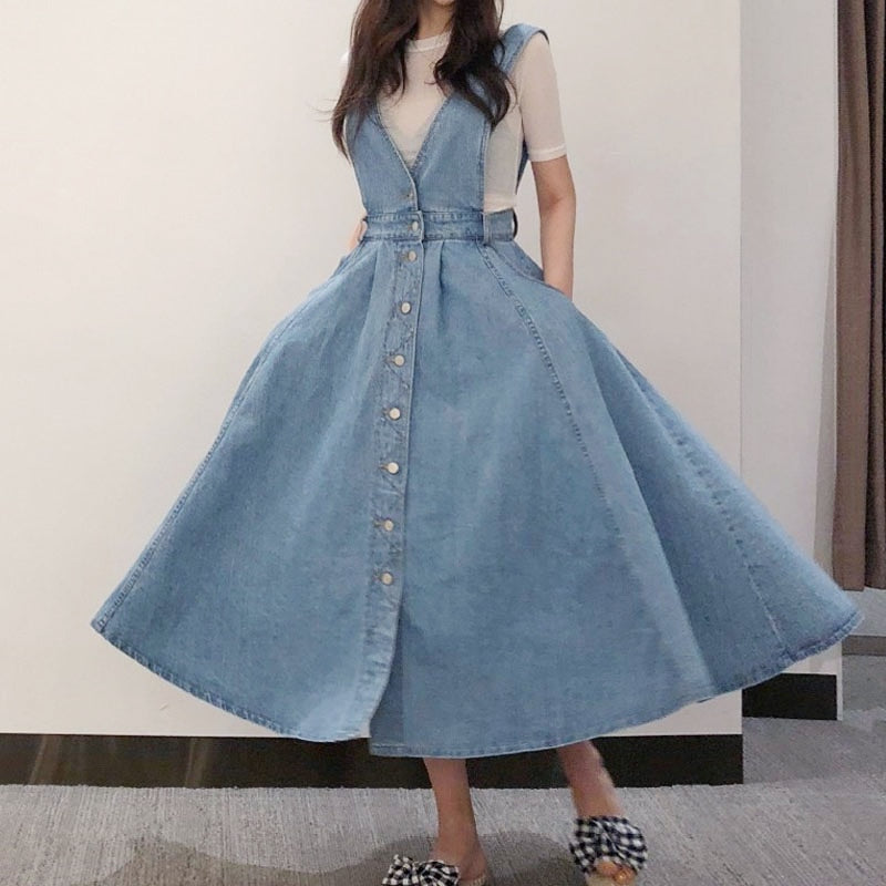 NORMOV Denim Dress Women Fashion Solid V-Neck Sleeveless Backless With Button Pocket Mid Calf Cotton Strap Dress Office Lady