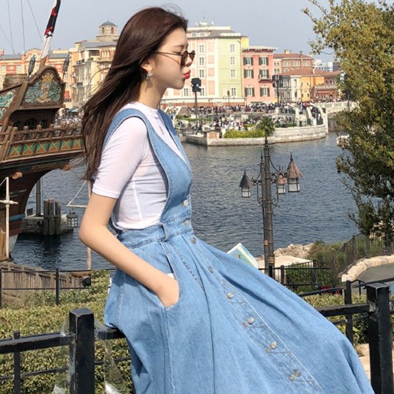 NORMOV Denim Dress Women Fashion Solid V-Neck Sleeveless Backless With Button Pocket Mid Calf Cotton Strap Dress Office Lady