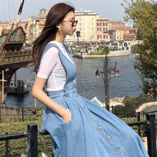 將圖片載入圖庫檢視器 NORMOV Denim Dress Women Fashion Solid V-Neck Sleeveless Backless With Button Pocket Mid Calf Cotton Strap Dress Office Lady
