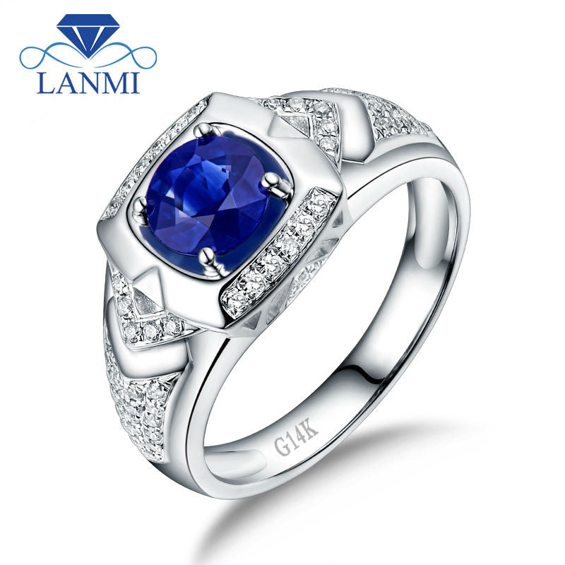 Natural Oval Blue Sapphire Men's Wedding Ring Solid 14K White Gold Diamond Anniversary Jewelry for Husband Gift
