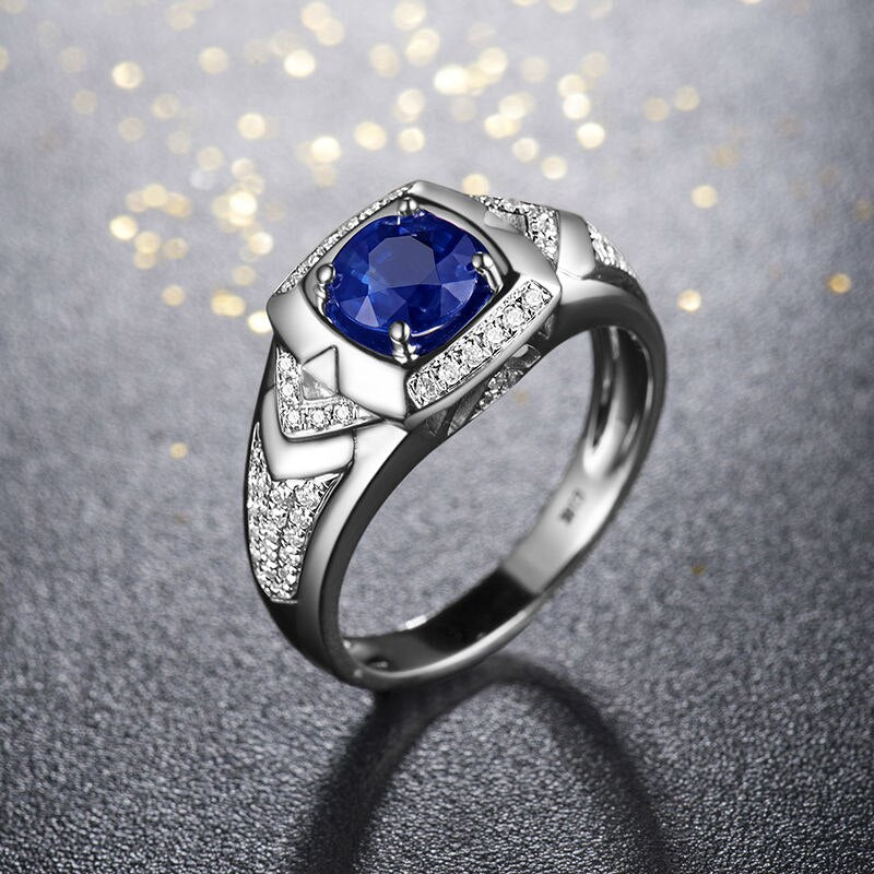 Natural Oval Blue Sapphire Men's Wedding Ring Solid 14K White Gold Diamond Anniversary Jewelry for Husband Gift