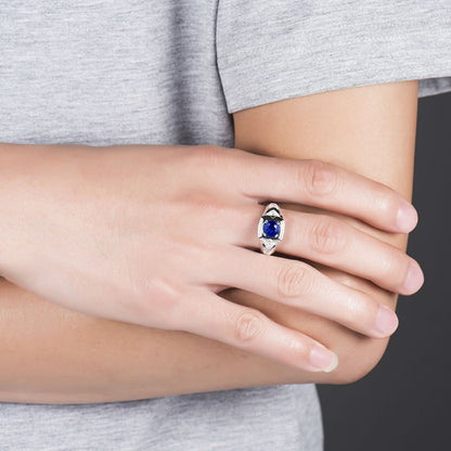 Natural Oval Blue Sapphire Men's Wedding Ring Solid 14K White Gold Diamond Anniversary Jewelry for Husband Gift