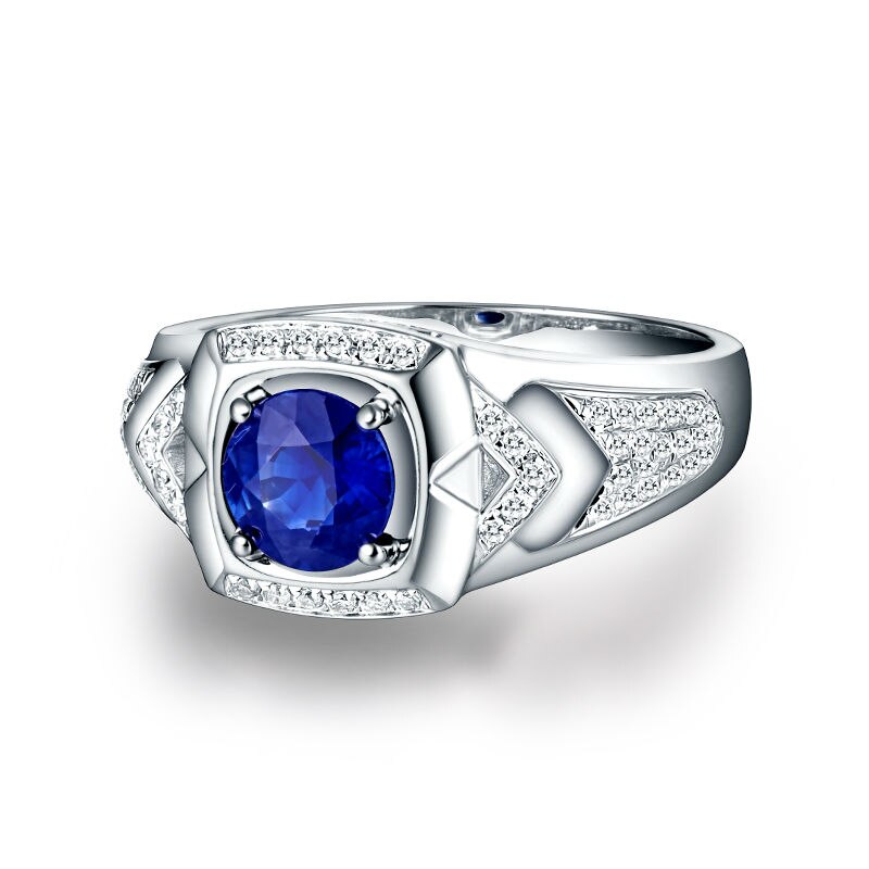 Natural Oval Blue Sapphire Men's Wedding Ring Solid 14K White Gold Diamond Anniversary Jewelry for Husband Gift