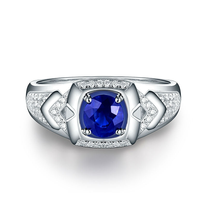 Natural Oval Blue Sapphire Men's Wedding Ring Solid 14K White Gold Diamond Anniversary Jewelry for Husband Gift