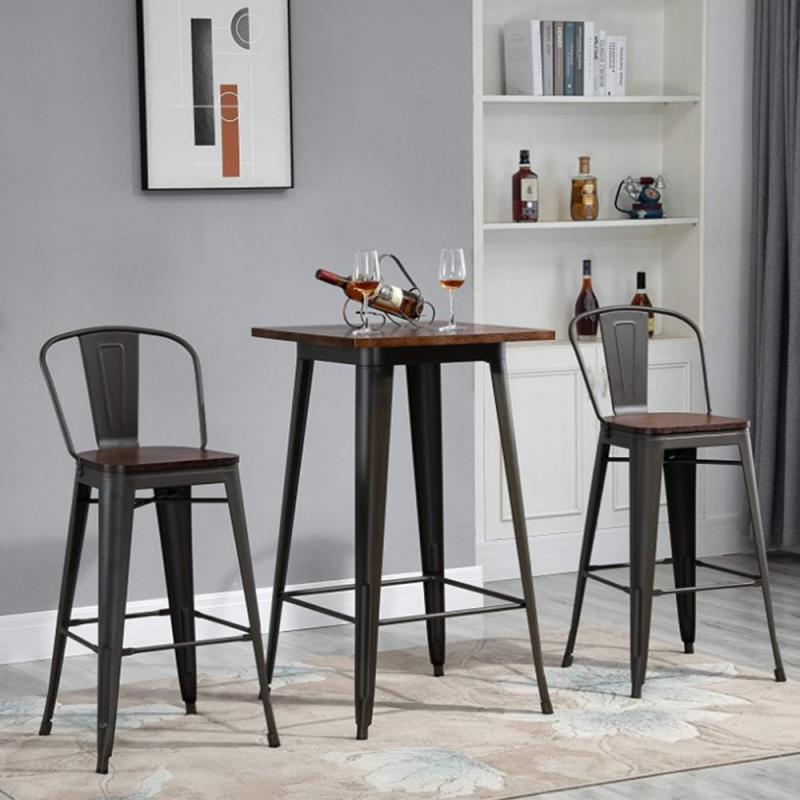 Neoclassical Tieyi Solid Wooden Bar Table 95cm High-legged Dining Table Pine Countertop Iron Leg Coffee Dining Furniture Desk