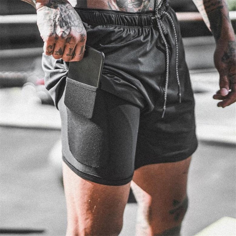 New 2 in 1 Gyms Shorts Men Summer Casual Beach Shorts Homme Security pocket Elastic Waist Fashion Boardshorts Plus Size 3XL