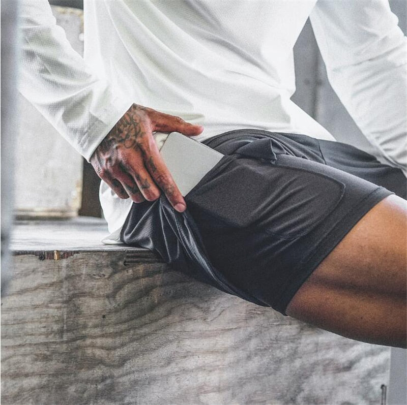 New 2 in 1 Gyms Shorts Men Summer Casual Beach Shorts Homme Security pocket Elastic Waist Fashion Boardshorts Plus Size 3XL
