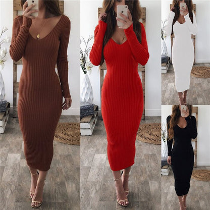 New 2019 Women Robe Dresses Long Sleeve Long Knitted Sweaters Dresses Autumn Winter Casual Sexy V Neck Sweaters Stripe Dress