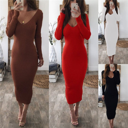 New 2019 Women Robe Dresses Long Sleeve Long Knitted Sweaters Dresses Autumn Winter Casual Sexy V Neck Sweaters Stripe Dress