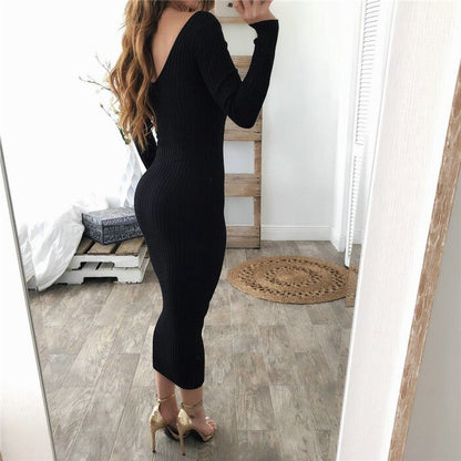 New 2019 Women Robe Dresses Long Sleeve Long Knitted Sweaters Dresses Autumn Winter Casual Sexy V Neck Sweaters Stripe Dress