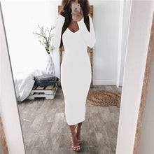 Load image into Gallery viewer, New 2019 Women Robe Dresses Long Sleeve Long Knitted Sweaters Dresses Autumn Winter Casual Sexy V Neck Sweaters Stripe Dress
