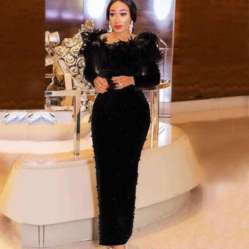 New Arrival White Beads Elegant Evening Celebrity Tassel Bandage Dress 2019 Long Sleeve Spring Winter Off The Shoulder Vestidos