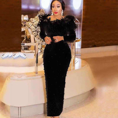 New Arrival White Beads Elegant Evening Celebrity Tassel Bandage Dress 2019 Long Sleeve Spring Winter Off The Shoulder Vestidos