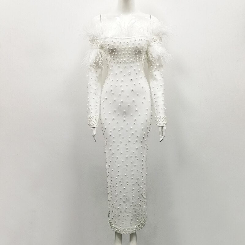 New Arrival White Beads Elegant Evening Celebrity Tassel Bandage Dress 2019 Long Sleeve Spring Winter Off The Shoulder Vestidos