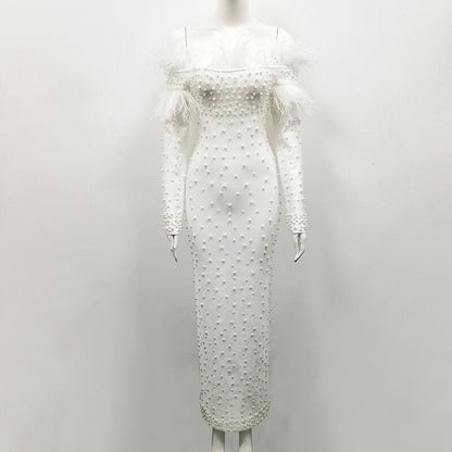 New Arrival White Beads Elegant Evening Celebrity Tassel Bandage Dress 2019 Long Sleeve Spring Winter Off The Shoulder Vestidos
