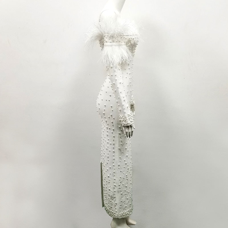 New Arrival White Beads Elegant Evening Celebrity Tassel Bandage Dress 2019 Long Sleeve Spring Winter Off The Shoulder Vestidos