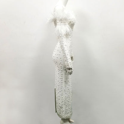 New Arrival White Beads Elegant Evening Celebrity Tassel Bandage Dress 2019 Long Sleeve Spring Winter Off The Shoulder Vestidos