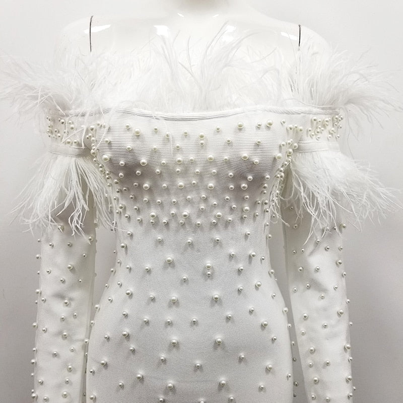 New Arrival White Beads Elegant Evening Celebrity Tassel Bandage Dress 2019 Long Sleeve Spring Winter Off The Shoulder Vestidos